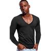 Zbrandy Camicie da uomo con scollo a V profondo a maniche lunghe T-shirt elasticizzate con scollo basso Magliette sottocamicie Tees, Nero , XL