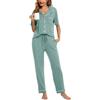 Lovasy Pigiama Donna Estivo Set Cotone Camicia con Bottoni Comodo Pantaloni Lunghi Manica Corta Aperto Davanti Lungo,Verde Chiaro,XL