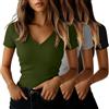 Ficerd Confezione da 3 T-Shirt da Donna in Cotone a Maniche Corte con Scollo a V e vestibilità Slim a Coste Maglietta Estiva(Nero, Grigio Chiaro, Verde Militare,L)