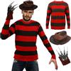 SINSEN Costume da Freddy per adulti, 3 pezzi: maglione, cappello, guanto con artigli, set per travestimento spaventoso, orribile, assassino, da Krueger, con righe rosse e verdi, per uomo e donna, per