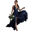 BABYONLINE D.R.E.S.S. Abito da sera da cocktail, da donna, stile classico, lungo in vita, con scollo a V, con spacco, Blu marino, 44