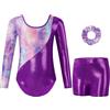 Gogokids Body da ginnastica da bambina, a maniche lunghe, con pantaloncini e fascia per capelli, body da danza scintillante, con design sfumato, per 3-12 anni