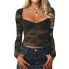 Yassiglia - Top elegante da donna a maniche lunghe in mesh, con pizzo, scollo basso, crop top, sexy, in pizzo, per ragazze, Y2K, maglia a maniche lunghe, Nero A., S