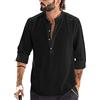 Runcati Camicia da Uomo in Cotone e Lino, a Maniche Lunghe, con Colletto Stretto, Camicia da Spiaggia, Camicia Estiva Elegante, Nero , S