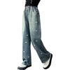 Rolanko Jeans Ragazze, Loose Denim Pantaloni Vita Elastico Moda Rotti Blu per Bambini, Embroidery Bow, 11-12 Anni/160