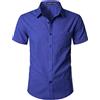 PARKLEES Camicia da uomo aderente in cotone e lino, casual, a maniche corte, con bottoni, leggera, da spiaggia, con tasca, Blu reale puro, S