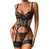 ssyyx Set di Lingerie Sexy da Donna di Classe, Corsetto da Donna in Pizzo, 3 Pezzi con Reggicalze, Nero, Small
