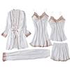 EMUKFD - Set di pigiami da donna, 3 pezzi e 5 pezzi, biancheria da notte in raso di seta con pizzo floreale, vestaglia, abbigliamento da casa, loungewear sexy con canotta e pantaloncini, 03-bianco, S