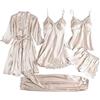 EMUKFD - Set di pigiami da donna, 3 pezzi e 5 pezzi, biancheria da notte in raso di seta con motivo floreale, vestaglia, abito da casa, abbigliamento da notte sexy con canotta e pantaloncini, 02-beige