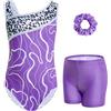 Gogokids - Set da ginnastica in 3 pezzi, con scollo a Y, senza maniche, con pantaloncini e fascia, con motivo a blocchi di colore blu e viola, 3-12 anni, 150(140-150 cm,11-12Y)