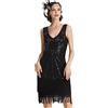 BABEYOND - Vestito da donna, stile Gatsby anni '20, con scollo a V, perline e frange - Nero - S
