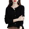OWEIEYEU Maglione cardigan da donna in lana merino, casual, leggero, lavorato a maglia, girocollo, maniche lunghe, Nero , L