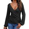 EMOTTOS Sexy Maglietta Scollo a v Donna - Maglie Aderenti con Incrocio in Tessuto a Nido d'Ape, morbide Crop Top con Scollo a V Profondo e Maniche Lunghe, Camicie Tunica Orlo Irregolare(Black-M)