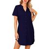 Lovasy Camicia da Notte Donna in Cotone Manica Corta Scollo a V Sexy Sottoveste Curvy con Bottoni Davanti Abito da Notte Estiva con Tasche B Blu Navy XL