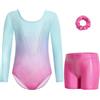 Gogokids Set di body da ginnastica a maniche lunghe da bambina, tre pezzi, con paillettes sfumate, include body, pantaloncini e elastico per capelli, tutine da balletto scintillanti per bambini dai 3