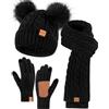 Winuesa Set di cappello, sciarpa e guanti da donna, berretto invernale da donna con pompon foderato in pile, berretto con pompon e guanti touchscreen, sciarpa da donna, scaldacollo, set 3 in 1 per il