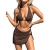 CUPSHE Bikini da donna Set tre pezzi costume da bagno con scollo a V strutturato Halter Indietro Self Tie Twist Sarong vita bassa, Marrone, M