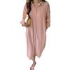 amropi Donna Maxi Bottoni Abito Camicia Sciolto Manica Lunga Camicetta Scollo a V Casual Chemisier con Cintura Rosa, M