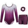 Gogokids - Completi da Ginnastica a Tre Pezzi per Ragazze, Set da Ginnastica a Maniche Lunghe con Pantaloncini e Fascia, Body da Danza Brillante con Design a Colori Sfumati per 3-12 Anni, 110(100-110