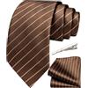 Ailisus Set di cravatte da uomo, extra lunghe 160cm (63''), in seta, con cravatta classica a righe, fazzoletto da taschino e fermacravatta, per matrimoni e cerimonie formali, Marrone e oro., Taglia