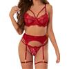EVELIFE Set intimo da donna con reggicalze 4 pezzi sexy pizzo intimo con giarrettiere coscia a vita alta senza fondo, Vino rosso, XL