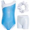 Gogokids - Set da ginnastica in 3 pezzi, con scollo a Y, senza maniche, con pantaloncini e fascia, con motivo a blocchi di colore blu e viola, 3-12 anni, Bianco/Blu, 140(130-140 cm,9-10Y)