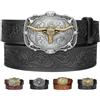 Kicoroiny Cinture western in pelle per donna e uomo, cowboy cowgirl cintura country con incisione floreale, fibbia decorazione toro, cintura per jeans, donna uomo regali di compleanno, Cintura Nera/Fibbia Toro