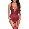 Aranmei Completino Intimo Donna Sexy Reggicalze Body Pizzo Cinghie Incrociate Completi Intima Lingerie con Slip (Senza Calze) (Vino Rosso, X-Large)
