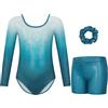 Gogokids Body da Bambina, Completo da Ginnastica a Tre Pezzi, Maniche Lunghe con Shorts e Fascia per Capelli, Body Scintillanti per Balletto e Danza - Outfit da Ginnastica con Design a Colori Sfumati