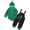 Haomibacu Neonato Bambino Ragazzi Giorno di San Patrizio 3Pcs Abiti Cappello A Righe Risvolto Pagliaccetto Trifoglio Ricamo Bretella Pantaloni Abbigliamento Set, Verde, 9-12 Months