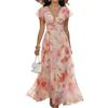 Generale Abito Maxi Floreale Donna invitata Matrimonio, Scollo V Vita Empire Chiffon Fluido Abito da Sera Boho Vacanze Estate(Pink,XL)