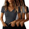 Ficerd Confezione da 3 T-Shirt da Donna in Cotone a Maniche Corte con Scollo a V e vestibilità Slim a Coste Maglietta Estiva(Nero, Grigio Scuro, Grigio Chiaro,XXL)
