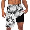 Goodstoworld Costume da bagno da uomo con fodera a compressione, 2 in 1, ad asciugatura rapida, 22,9 cm, pantaloncini elasticizzati con tre tasche, Nero Bianco / Foglie 01, Large