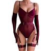 EVELIFE - Set di body intimo da donna sexy Teddy in pizzo elasticizzato con reggicalze rimovibile, guanti eleganti e fasce per cosce 3 pezzi, Rosso vinaccia, S