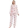 GLOBAL Pigiama Donna 100% Cotone Pigiami Due Pezzi da Donna Camicia da Notte Maniche Lunghe e Pantaloni Sleepwear con Bottoni per Tutte Le Stagioni Fiore Rosa L