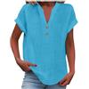 riou Camicia da donna estiva in cotone e lino con bottoni, alla moda, tinta unita, con scollo a V, elegante, basic, per feste, casual, ufficio, originale, comoda, B Blu cielo, S