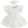 Carolilly Abbigliamento neonato bambina estate di 2 pezzi, pagliaccetto a maniche corte con gonna in pizzo floreale + fascia abbinata (0-24 mesi)