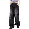 Lafaguw Pantaloni Cargo da Donna a Vita Bassa Larghi Jeans Tasca Gamba Larga Casual Trendy Streetwear Grunge Emo Vestiti, Nero 7, S