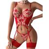 ssyyx Set di Lingerie Sexy per Donne Eleganti, Corsetto in Pizzo per Donne Teddy Lingerie 3 Pezzi con Cintura Reggicalze, Rosso, M