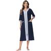 Alunsito Vestaglie da donna con cerniera a zip intera indumenti da notte mezza manica loungewear girocollo blocchi di colore camicia da notte con tasche, Blu scuro, XXL