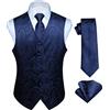 HISDERN Paisley floreale Jacquard floreale gilet e cravatta e fazzoletto da taschino set Blu navy 3XL