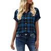 GeGekoko Camicetta da donna a quadri, a maniche corte, casual, con scollo a V, con bottoni, blu navy, S