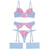 Aranmei Set di Lingerie da Donna 4 Pezzi con Reggiseno con Ferretto in Pizzo Ricamato Floreale con Perizoma Fasce per Cosce e Reggicalze