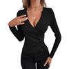 EMOTTOS Magliette Sexy a Collo a V per Donne- Maglie Aderenti con Incrocio e Scollo a V Profondo, Maniche Lunghe, Camicie Tunica con Bottoni, Maglietta alla Moda Skinny Y2K(Black-XL)