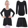 Bezioner Body Danza Classica Bambina con Gonna Rimovibile Vestito da Balletto Gonnellino Danza Manica Lunga Nero 110 (4-6 anni,110-120 cm)