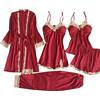 EMUKFD - Set di pigiami da donna, 3 pezzi e 5 pezzi, biancheria da notte in raso di seta con motivo floreale, vestaglia, abbigliamento da casa, pigiama sexy con canottiera e pantaloncini, 03-rosso., L