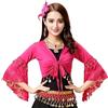 TouKingda Top da donna per la danza del ventre, con nappe e perline glitterate, maniche svasate a 3/4, scialle per danza del ventre, top corto in pizzo floreale a maniche lunghe per abbigliamento da danza,