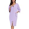 COLORFULLEAF Accappatoio da donna con chiusura lampo leggero vestaglia 100% cotone vestaglia casalinga manica 3/4 camicia da notte con tasche, Lilla, XXL Große Größen