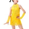 FEOYA Pantaloncini da Ballo Latino per Bambine con Nappe Vestito Senza Maniche con Paillettes Lucide Abbigliamento da Ballo Salsa Rumba Samba Jazz Moderno con Guanti per 3-14 Anni, Giallo, 13-14 Anni