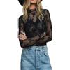 Beauace Top a maniche lunghe in pizzo per donna, top a rete, a maniche lunghe, camicie in piumino trasparenti, Y2K, top da sovrapporre, camicette, T-shirt, pizzo, motivo floreale, Nero , L